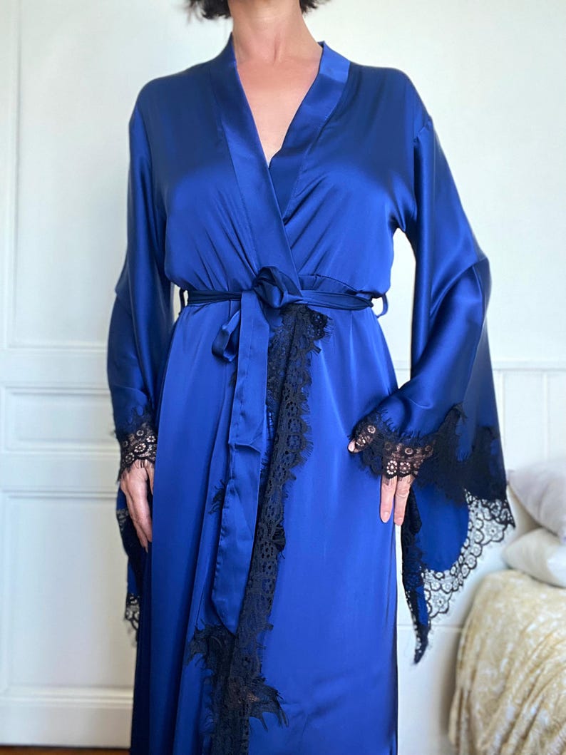 Long Satin Silk Robe With Lace Trim & Bell Sleeves - Etsy