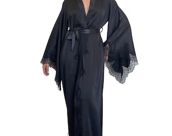 Long Satin Silk Robe with Lace Trim & Bell Sleeves