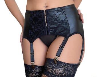 Faux Leather 6 Alligator Clips Garter Belt with Panty Set