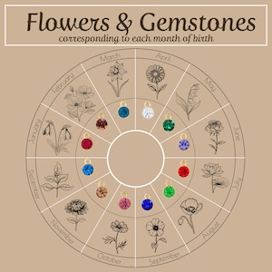 Circular chart that displays birth month, corresponding birth flower and birthstone. Gems are in full color and flowers are B&W line drawings, exactly as they will be represented on large pendant.