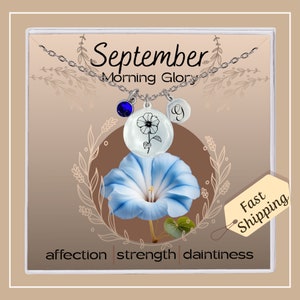 Pu&ograve; includere: Una collana d'argento con un ciondolo di cristallo blu, un ciondolo d'argento con un fiore di campanula e un ciondolo d'argento con la lettera G. La collana &egrave; in una scatola bianca con le parole "September Morning Glory" e "affection strength daintiness" stampate su di essa. La scatola ha anche un'etichetta bianca con le parole "Fast Shipping" stampate su di essa.