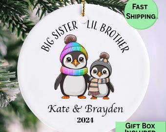 Personalized Big Sister Little Brother Penguin Ornament: Ceramic Sibling Keepsake