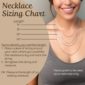 Necklace Sizing Chart showing young happy woman with 4 silver chain necklaces on to show 16", 18", 20" and 24" lengths. Instructions to measure for perfect length also detailed.