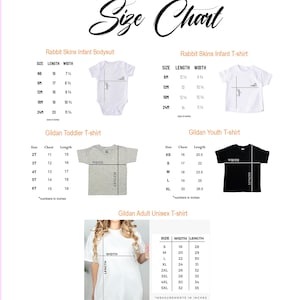 May include: A size chart displaying measurements in inches for Rabbit Skins infant bodysuits and t-shirts, Gildan toddler t-shirts, Gildan youth t-shirts, and Gildan adult unisex t-shirts. Each section includes a table of sizes and a visual diagram.