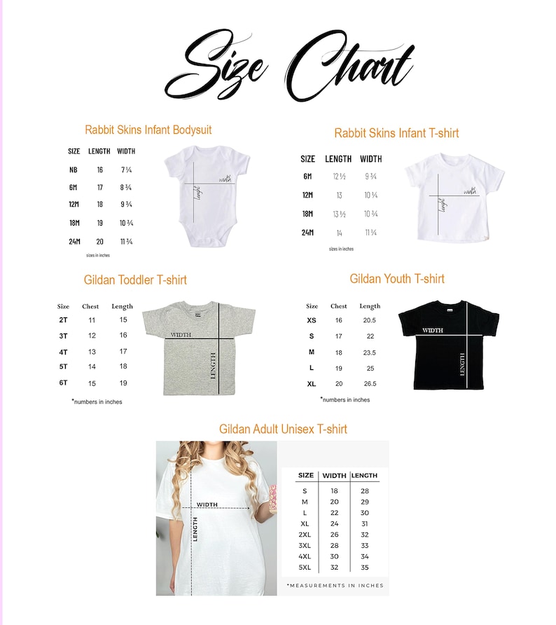 May include: A size chart displaying measurements in inches for Rabbit Skins infant bodysuits and t-shirts, Gildan toddler t-shirts, Gildan youth t-shirts, and Gildan adult unisex t-shirts. Each section includes a table of sizes and a visual diagram.