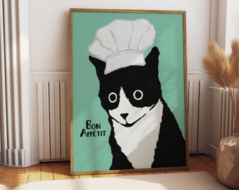 Chef Cat Print, Kitchen Wall Art, Kitchen Decor, Cat Art, Trendy Wall Decor, Modern Kitchen Print, Quirky Art Print, Eclectic Kitchen Design