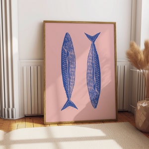 Impresión de pescado azul/rosa, arte de pared de pescado, impresión de cocina retro, arte de pared imprimible, impresión vintage, impresión de alimentos, impresión mediterránea, impresiones de moda