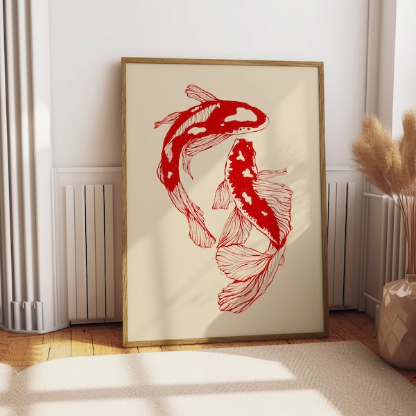 Red Koi Print, Japanese Print, Vintage Print, Printable Wall Art, Trendy Wall Art, Aesthetic Wall Art, Japanese Art Print, Koi Fish Print