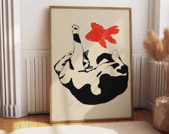 Cat and Goldfish Print, Cat Wall Art, Trendy Wall Decor, Cute Art Print, Digtial Art Print, Home Decor, Quirky Decor, Cute Cat Print