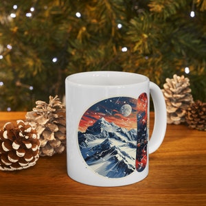 Winter Mountains And Snowboarding Mug Snowy Mountains Mug Forest Illustration Cup Winter Landscape Coffee Mug 11oz Ceramic Nature Mug