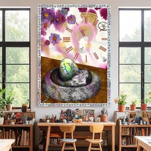 May include: A large framed artwork featuring a surrealist design. The artwork depicts a colorful egg with a world map design, nestled in a snake-like form. The background includes a clock face and floral elements. The room has large windows and art supplies.