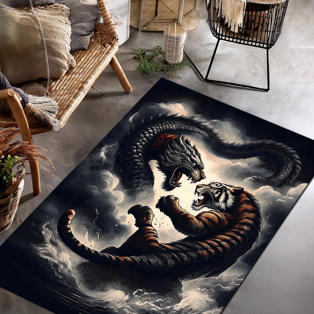 Fantastic Tiger Printed Area Rug • Black and White Carpet With Tigers ...