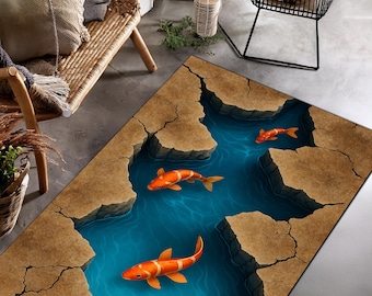 Koi Pond Illusion Rug – 3D Water Crack Carpet with Orange Fish Design, Realistic Depth Rug for Modern Home and Zen Room Decor