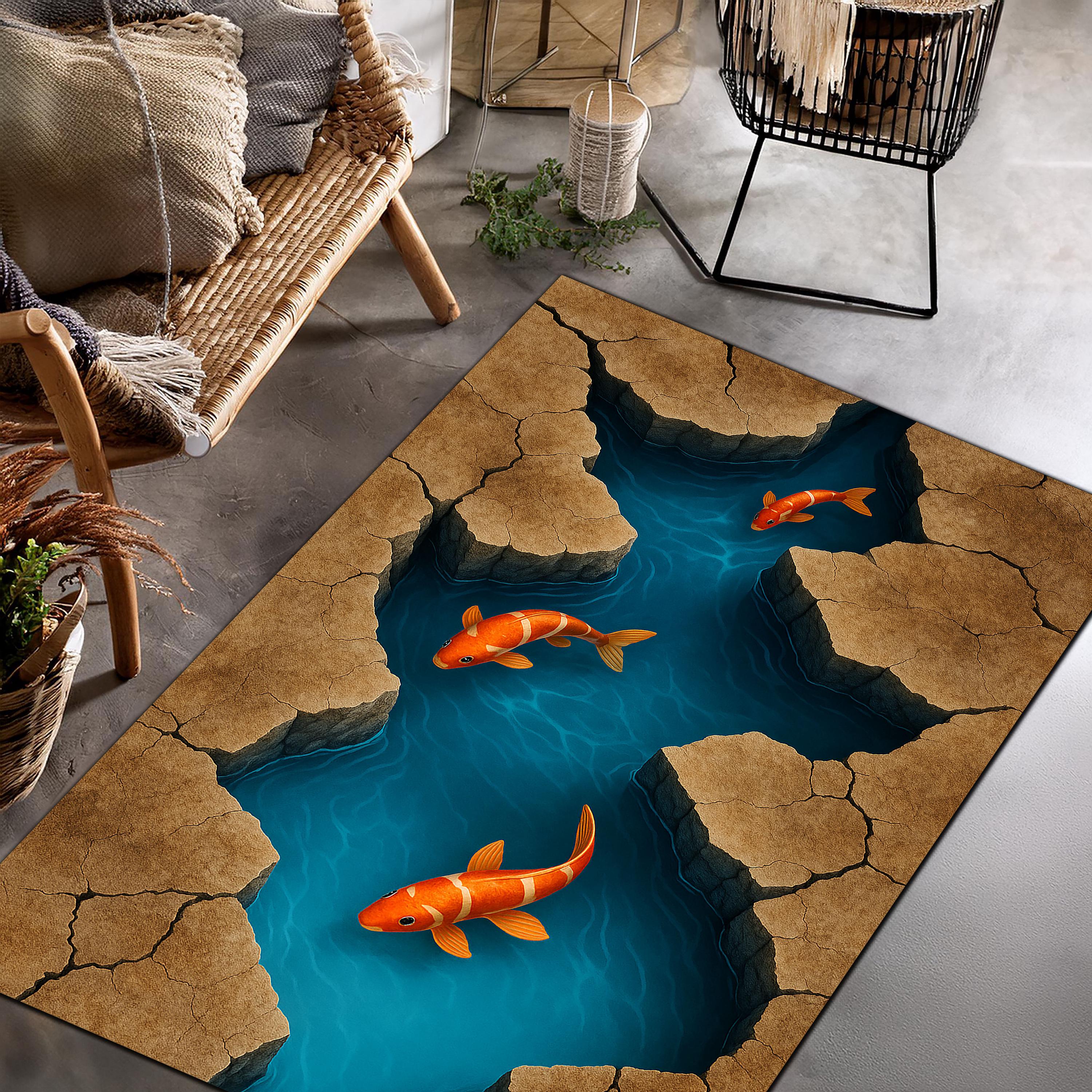 Pond/water Rug Koi Pond Illusion Rug – 3D Water Crack Carpet With Orange Fish Design ...