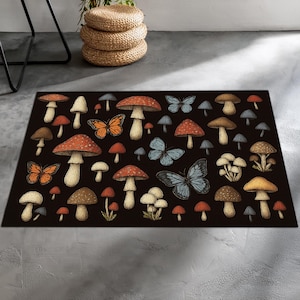 Whimsical Mushroom and Luna Moth Rug – Cottagecore, Goblincore, Witchy, Fairycore Aesthetic Area Rug for Boho or Grunge Room Decor