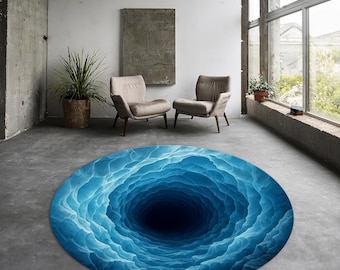 Alfombra de ilusión de vórtice oceánico profundo, redonda, azul, con efecto remolino, con temática de fantasía oceánica 3D para sala de estar, dormitorio y decoración gamer.