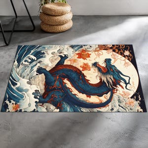 Alfombra de dragón, alfombra de año nuevo chino, año del dragón, alfombra floral de dragón, alfombra lavable de aspecto vintage, para decoración de dragón oriental