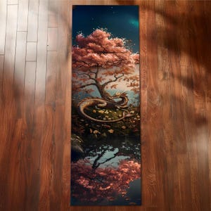 Arte de corredor de dragão em árvore florida, decoração exótica para casa, tapete de corredor de dragão com fantasia mística, tapete de oceano etéreo, tapetes de goblincore com criaturas mágicas