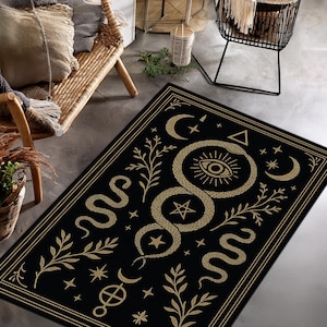 Mystical Snake Rug with All-Seeing Eye & Occult Symbols – Witchy Gothic Decor Carpet, Celestial Moon Magic Rug