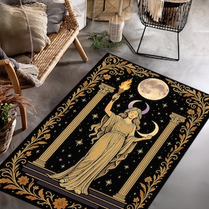 May include: Black rectangular area rug featuring a celestial design. A golden-robed figure holds a torch and crescent moon, with a full moon in the background. The rug has a decorative border with floral and star motifs.