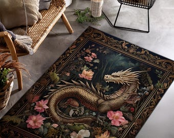 Floral Drachen Teppich, Dark Academia Decor, Gothic Decor, Fairycore Teppich, Magisches Drachen Design, Ästhetischer Teppich,