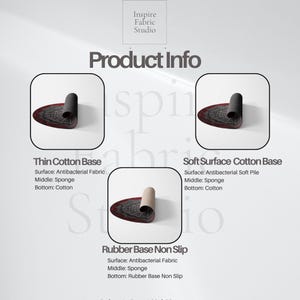 May include: Three different types of rug bases are shown. The first is a thin cotton base, the second is a soft surface cotton base, and the third is a rubber base non-slip. Each base is shown with a rolled up portion of the rug to show the different layers.