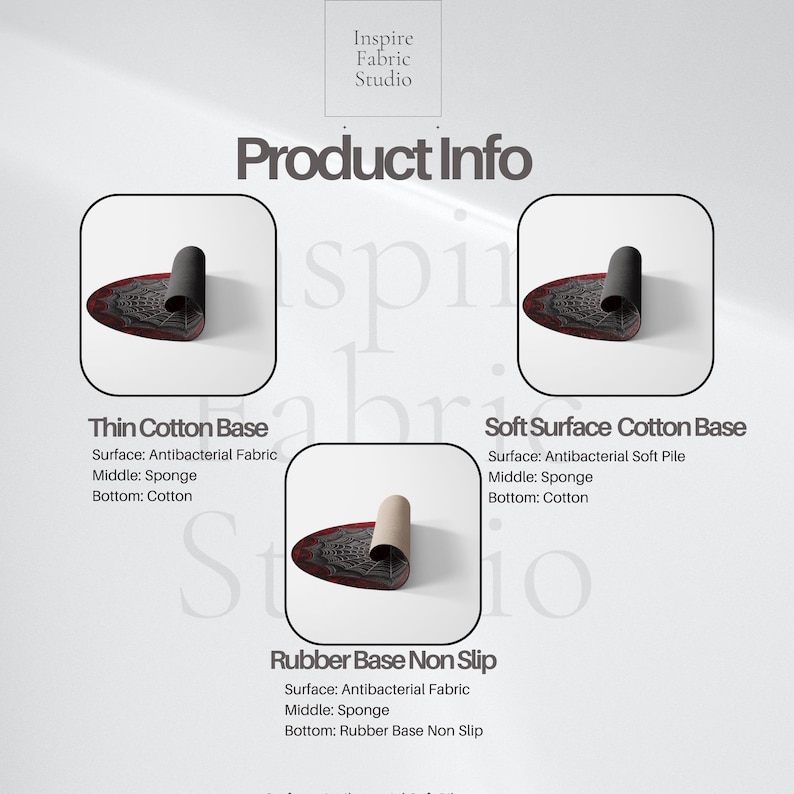 May include: Three different types of rug bases are shown. The first is a thin cotton base, the second is a soft surface cotton base, and the third is a rubber base non-slip. Each base is shown with a rolled up portion of the rug to show the different layers.