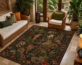 May include: A rectangular area rug featuring a detailed jungle scene with tigers, lush green foliage, and vibrant tropical flowers. The design includes ornate decorative borders and a dark background, covering the floor in a room with furniture.