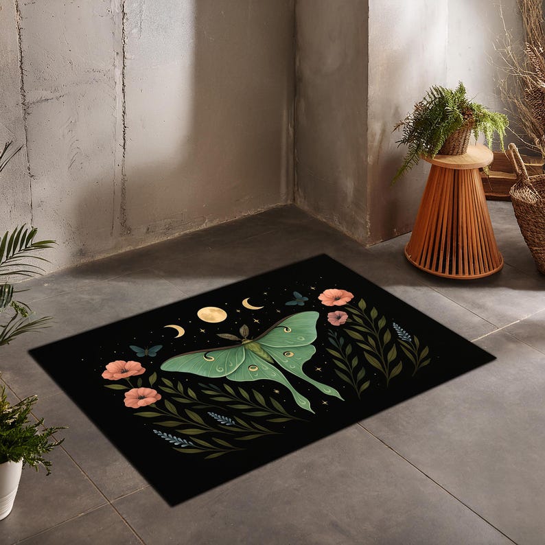Moonpig Rug Mystical Luna Moth Rug With Moon Phases and Floral Elements – Boho ...