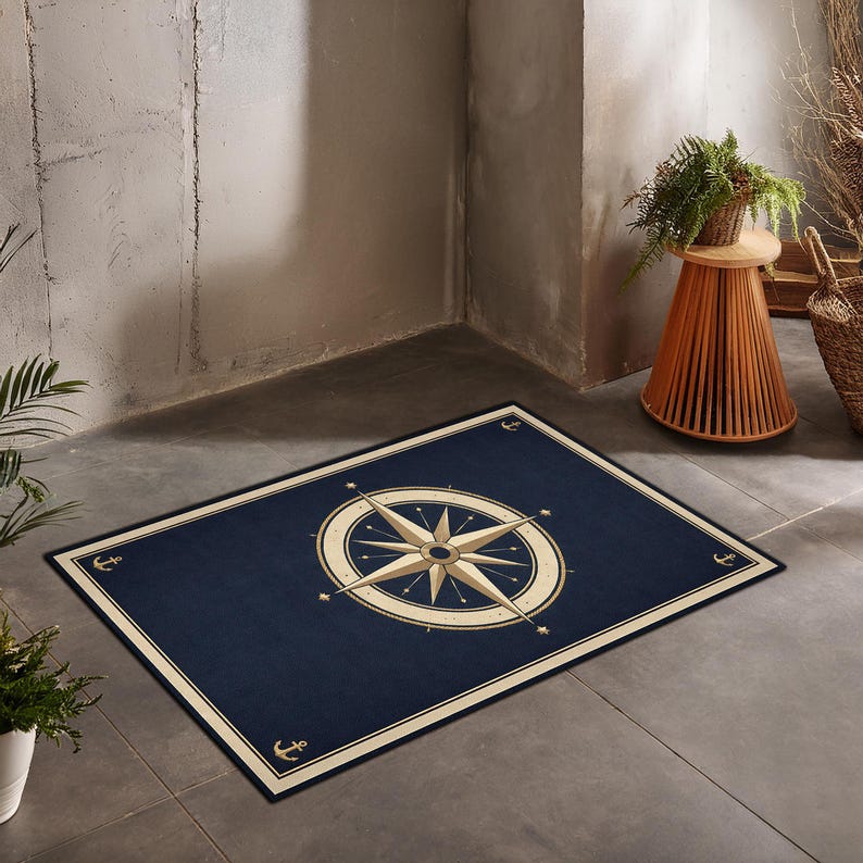 Blue Compass Rug Compass Rug Nautical Navigation Design, Minimal Blue Gold Pattern Rug ...