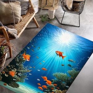 Aquarium Fish Rug, Sea Landscape Rug, Fishes Rug, Underwater Rug, Animal Rug, Bath Rug, Salon Decor Rug, Stair Soft Rug, Seascape Rug