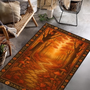 May include: Rectangular area rug featuring a vibrant autumn forest scene. The design includes trees with orange and brown leaves, a path, and mushrooms. The rug has a dark brown border with floral accents, creating a warm, inviting aesthetic.
