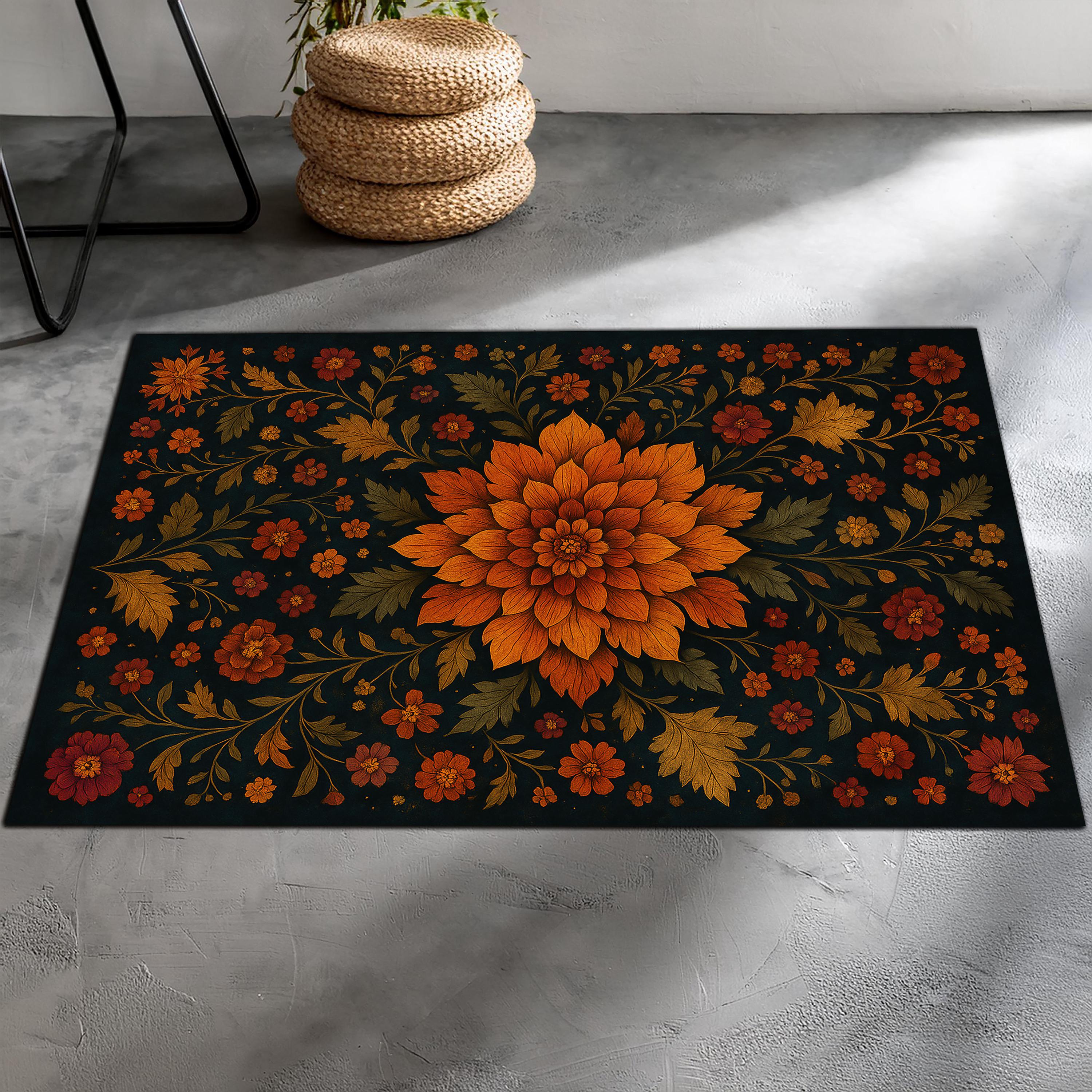 Tui Rugs Amber Petal Botanical Rug – Warm Orange and Brown Flower Carpet ...