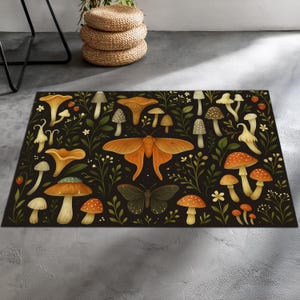 Whimsical Mushroom and Luna Moth Rug – Cottagecore, Goblincore, Witchy, Fairycore Aesthetic Area Rug for Boho or Grunge Room Decor