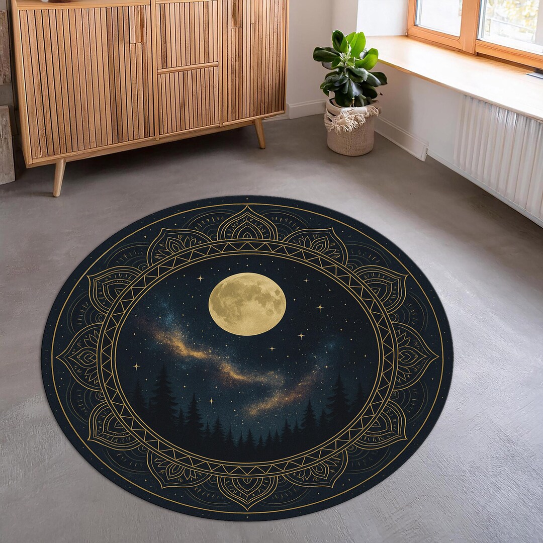 Moon Floor Pattern Round Moon Mandala Rug, Celestial Night Sky Carpet, Galaxy Boho Floor ...