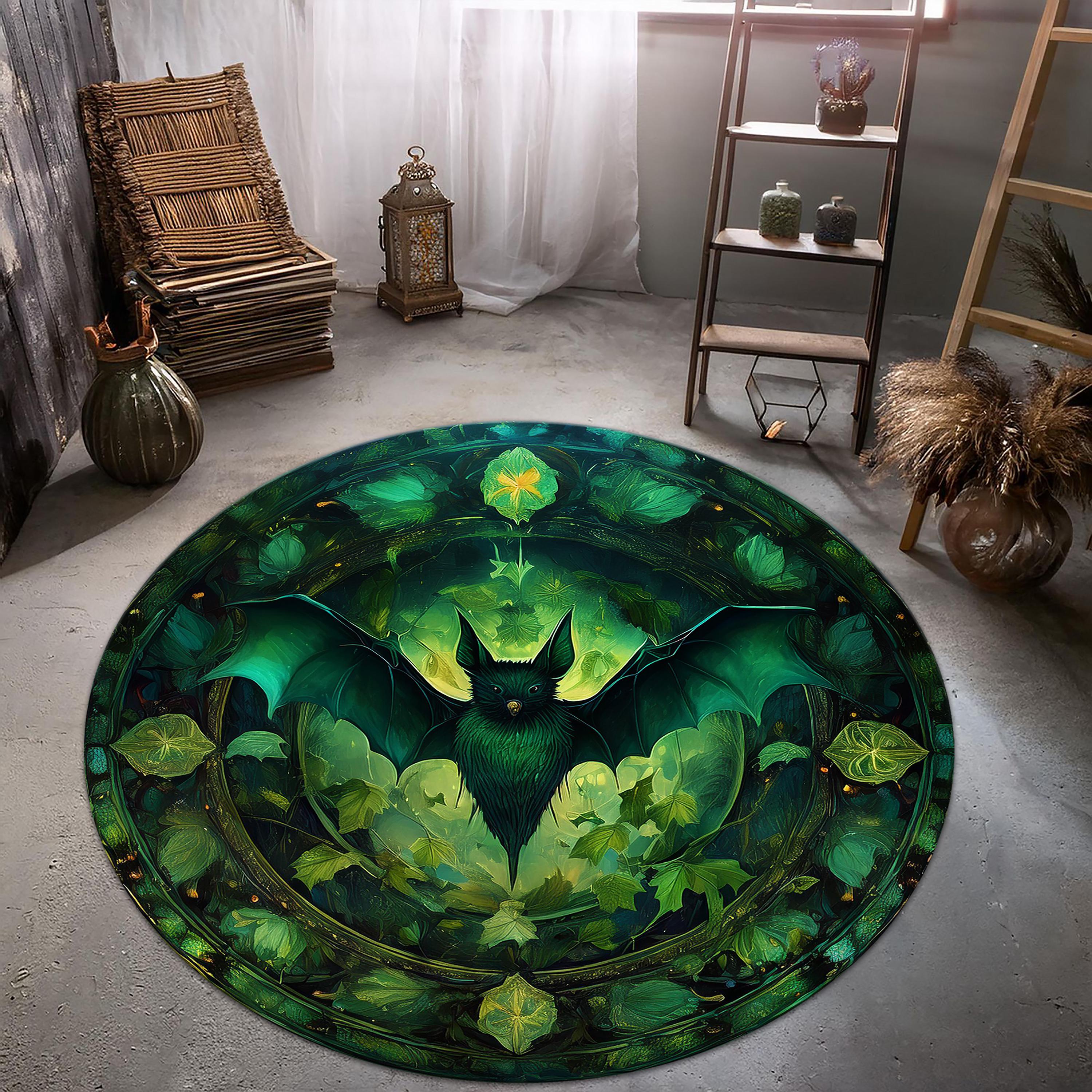 Green Gothic Bats Rug, Round Bat Rug, Gothic Rug, Witchy Rug, Dark ...