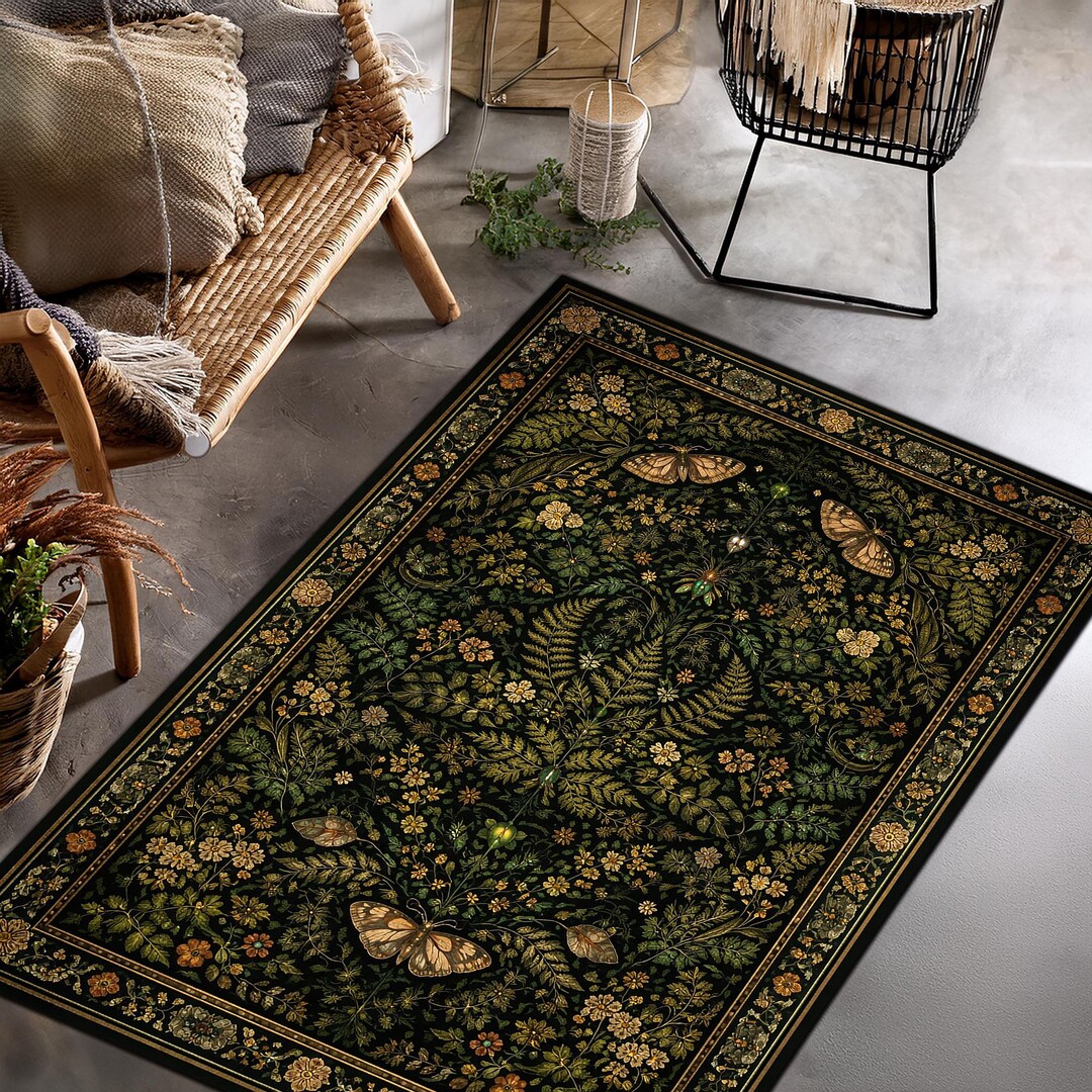 Forest Botanical Rug, Floral Leaf Pattern Rug, Butterfly Nature Rug ...