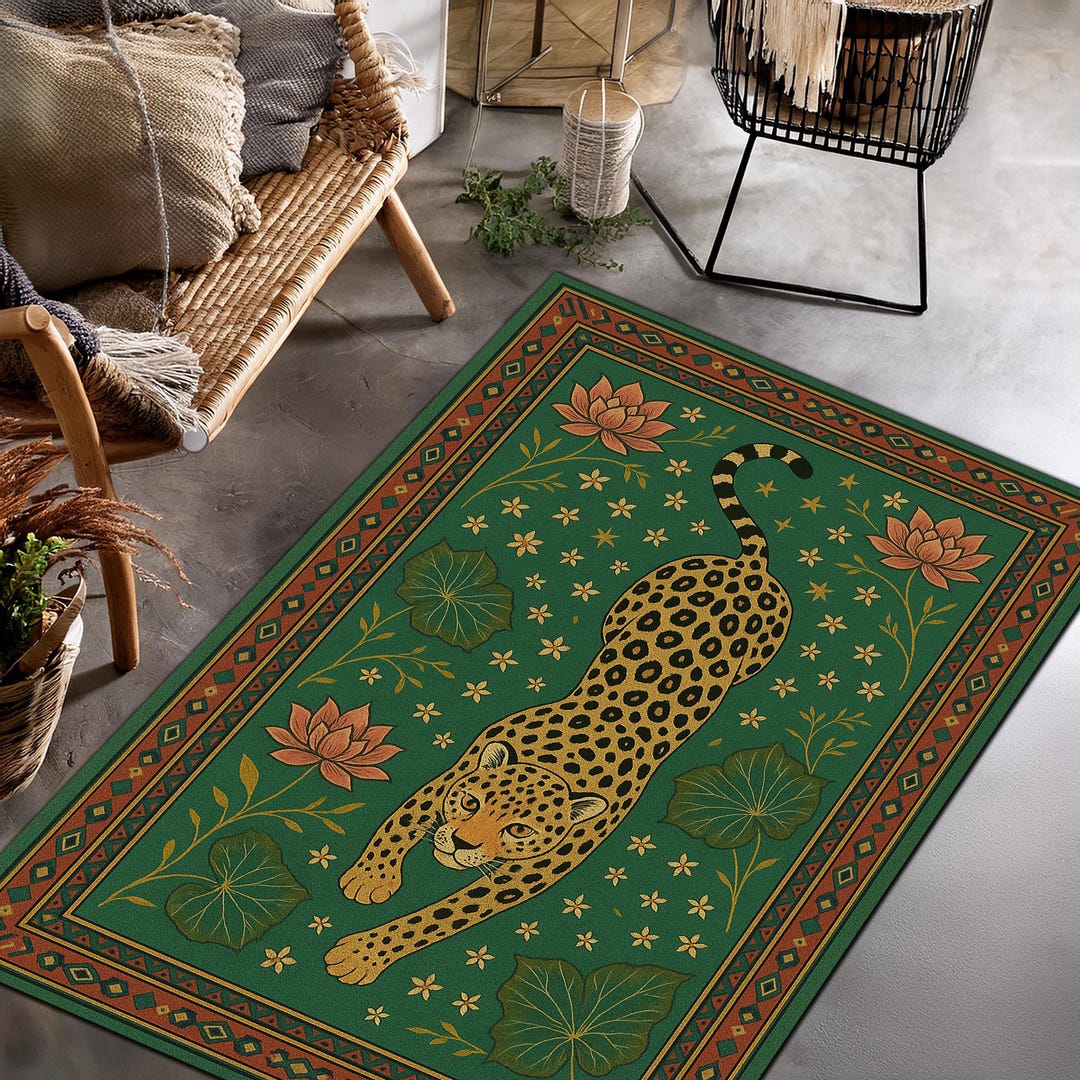 Anteater Rug Boho Leopard Rug With Lotus Flowers, Green Animal Print Carpet, Jungle ...