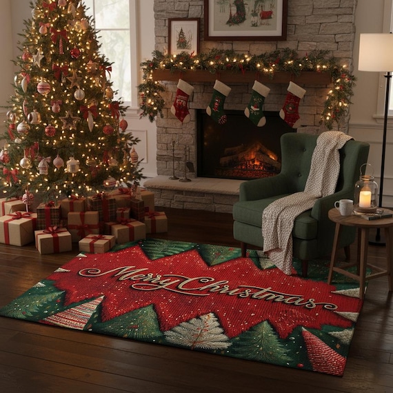 Christmas Tree Rug, Merry Christmas Rug, 2025 Year Rug, Christmas Gifts Rug, Holiday Aesthetic Xmas Rug, Holiday Decor Area Rug,