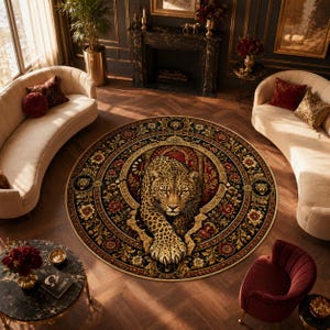 Op de afbeelding: Een rond vloerkleed met een centrale luipaardillustratie die uit een decoratieve boog komt. Het kleed heeft een zwarte achtergrond met ingewikkelde bloemmotieven in goud, rood en bruin, versierde randen en kleine leeuwenkopmotieven.
