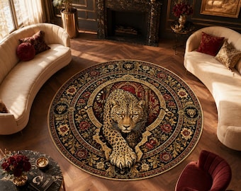 May include: A circular area rug featuring a central leopard illustration emerging from a decorative archway. The rug has a black background with intricate gold, red, and brown floral patterns, ornate borders, and small lion head motifs.