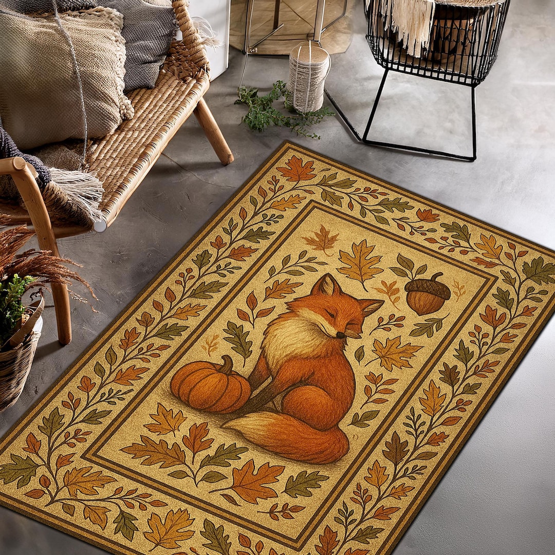 Autumn Fox Rug – Cozy Fall Decor Carpet With Pumpkin, Oak Leaves ...
