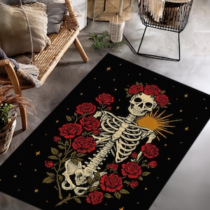 Boho Gothic Skeleton and Roses Area Rug – Black Floral Carpet for Living Room