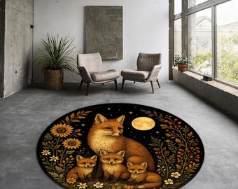 Fox Family Round Rug with Full Moon, Floral Meadow and Starry Night Background in Warm Autumn Tones