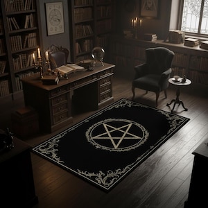 Pentagrammatta – Gotisk ockult häxmatta, svart wicca-altarmatta, mörk estetisk heminredning för häxor och hedningar