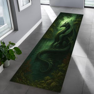 Tapete de dragão da floresta esmeralda - Caminho de chão com criatura mística verde e fantasia com cena de lago encantado para decoração de corredor ou sala de estar