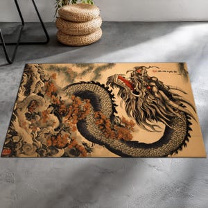 Alfombra de dragón, alfombra de año nuevo chino, año del dragón, alfombra floral de dragón, alfombra lavable de aspecto vintage, para decoración de dragón oriental
