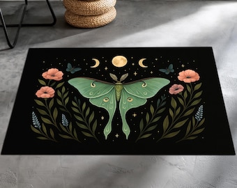 Mystical Luna Moth Rug with Moon Phases and Floral Elements – Boho Celestial Carpet for Witchy, Nature-Inspired Home Decor