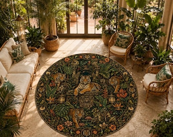 May include: A large round area rug featuring a detailed jungle scene with tigers, lush green foliage, and vibrant orange flowers. The central design depicts a tiger resting on a stone structure, surrounded by tropical plants and floral patterns.