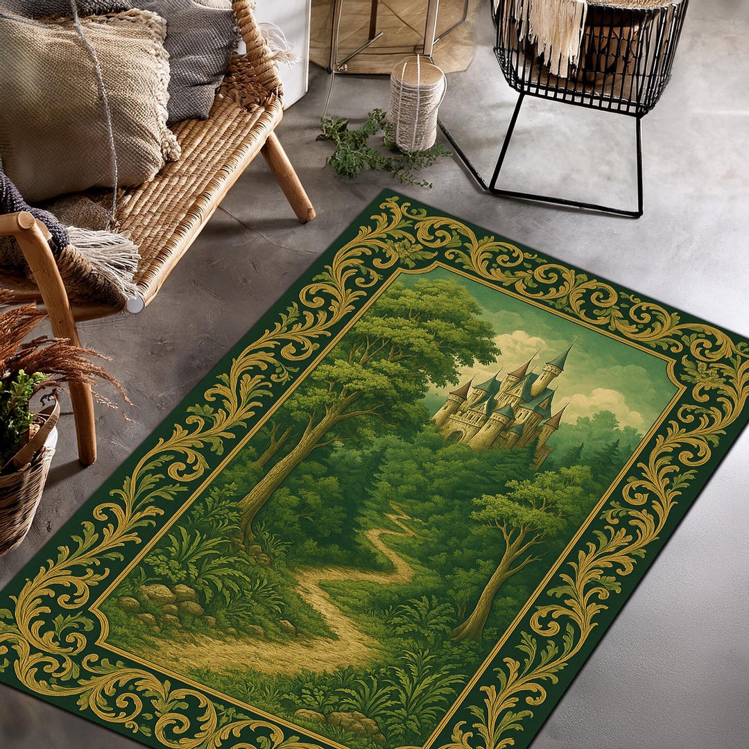 Enchanted Forest Castle Rug – Green Baroque Carpet With Fantasy ...